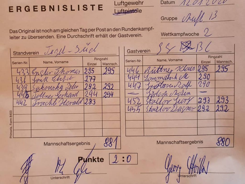 Ergebnisse vom Rundenkampf zwischen der Schützengilde Tegel-Süd e.V. und der SGBC in der Staffel B