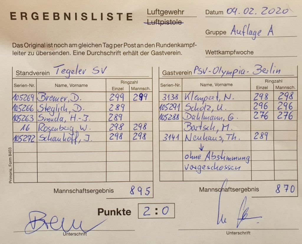 Ergebnisse vom Rundenkampf zwischen dem Tegeler Schützen-Verein e.V. und dem PSV Olympia Berlin in der Staffel A